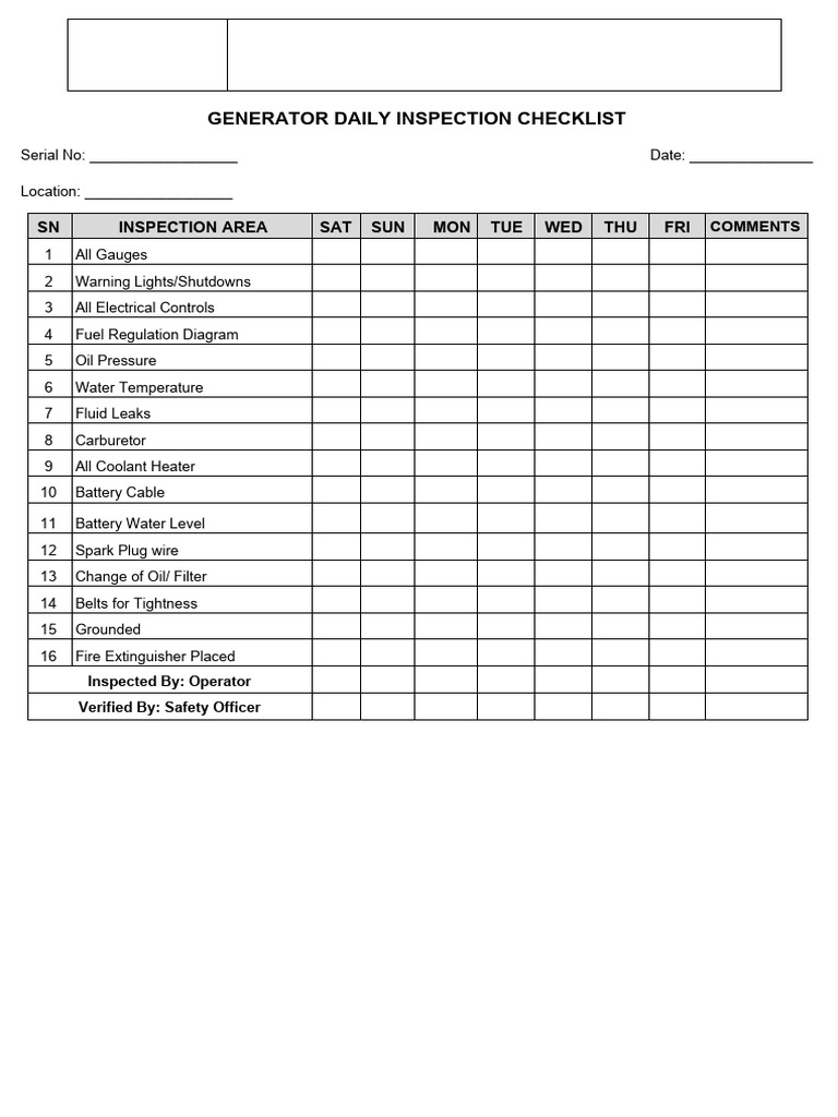 Daily Generator Inspection Checklist | PDF