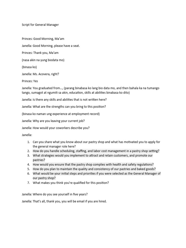 General Manager Interview Script | PDF