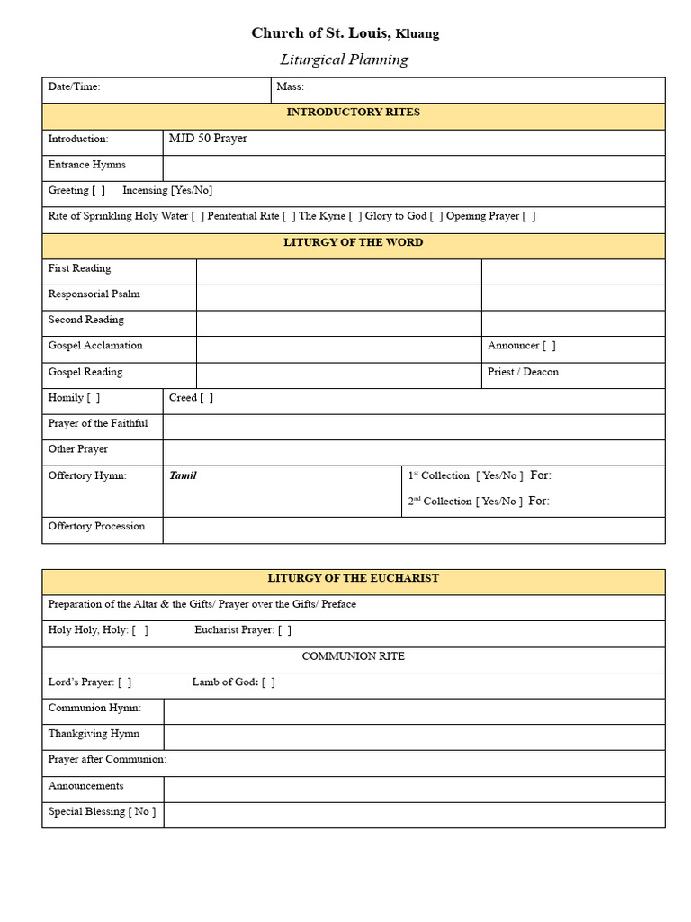 Empty Mass Planner Template PDF