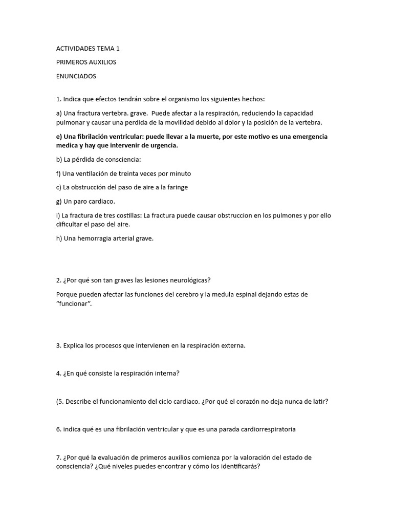 ACTIVIDADES TEMA 1 PAUX | PDF | Primeros auxilios | Paro cardíaco