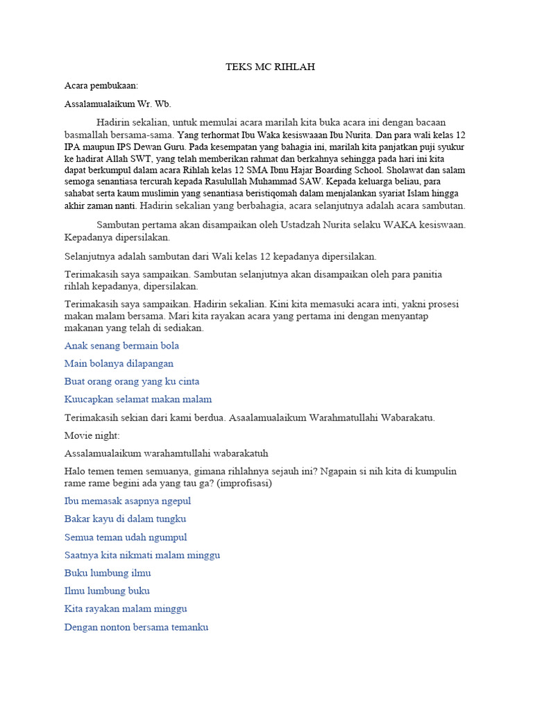 Teks MC Acara Rihlah Kelas 12 | PDF