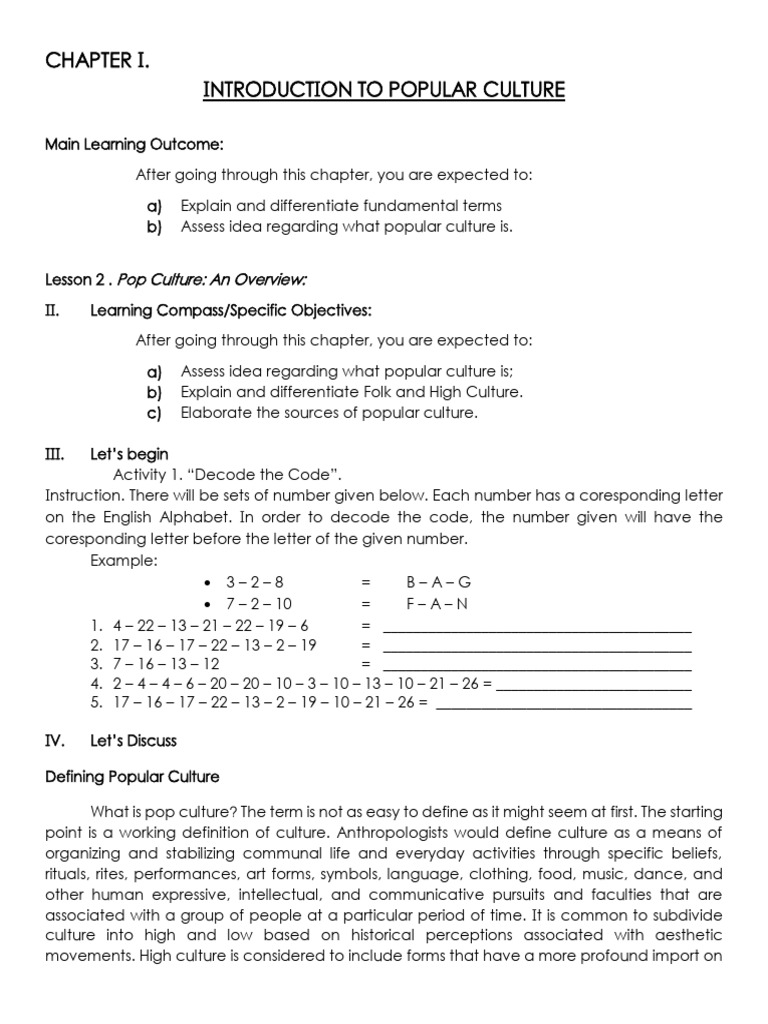 Chapter I Lesson 2 Pop Culture An Overview Pdf Popular Culture