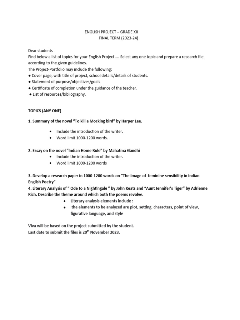 Grade XII English Project Guide | PDF | Language Arts & Discipline