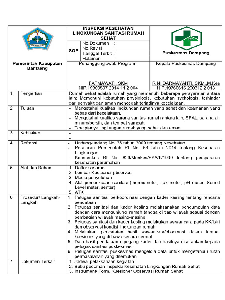 Sop Inspeksi Kesehatan Lingkungan Sanitasi Rumah Sehat Pdf