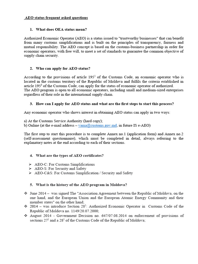 AEO Status FAQs for Moldova | PDF | Customs | Business