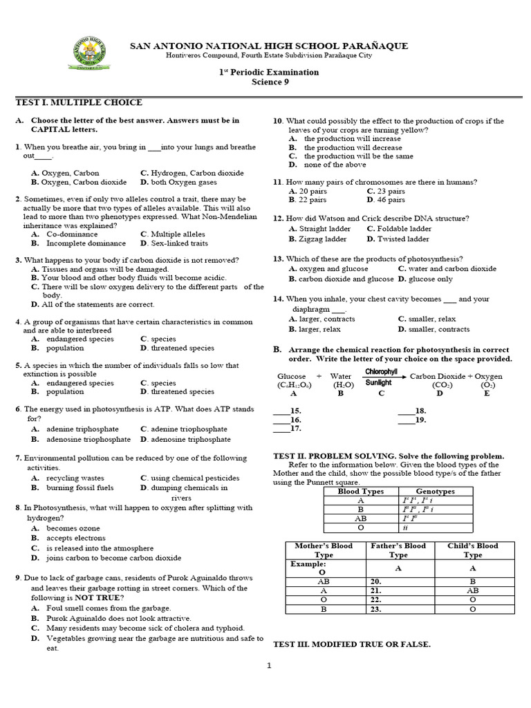 Science 9 Periodic Exam Guide | PDF | Lung | Photosynthesis