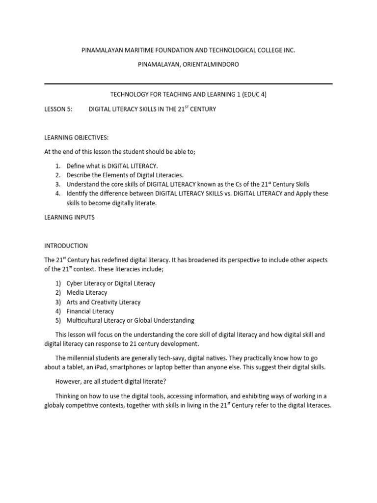 Digital Literacy Lesson Plan PDF