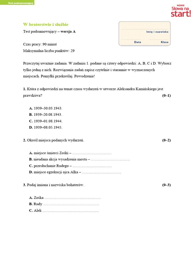 Test Z Kamieni Na Szaniec Kamienie Na Szaniec Lektura Obowiazkowa Test Pods | PDF