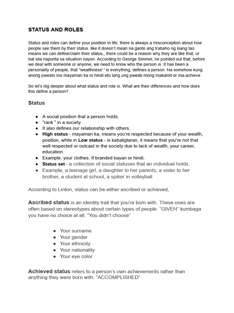 Status and Roles PDF Behavioural Sciences Psychology