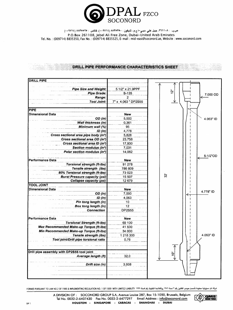 Drill Pipe Performance Characteristics Sheet S135 PDF