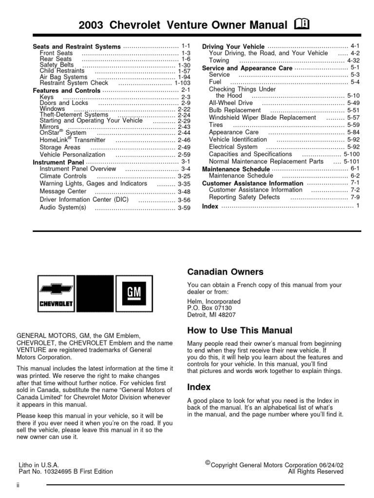 2002 CHEVY VENTURE SERVICE MANUAL visual data 5
