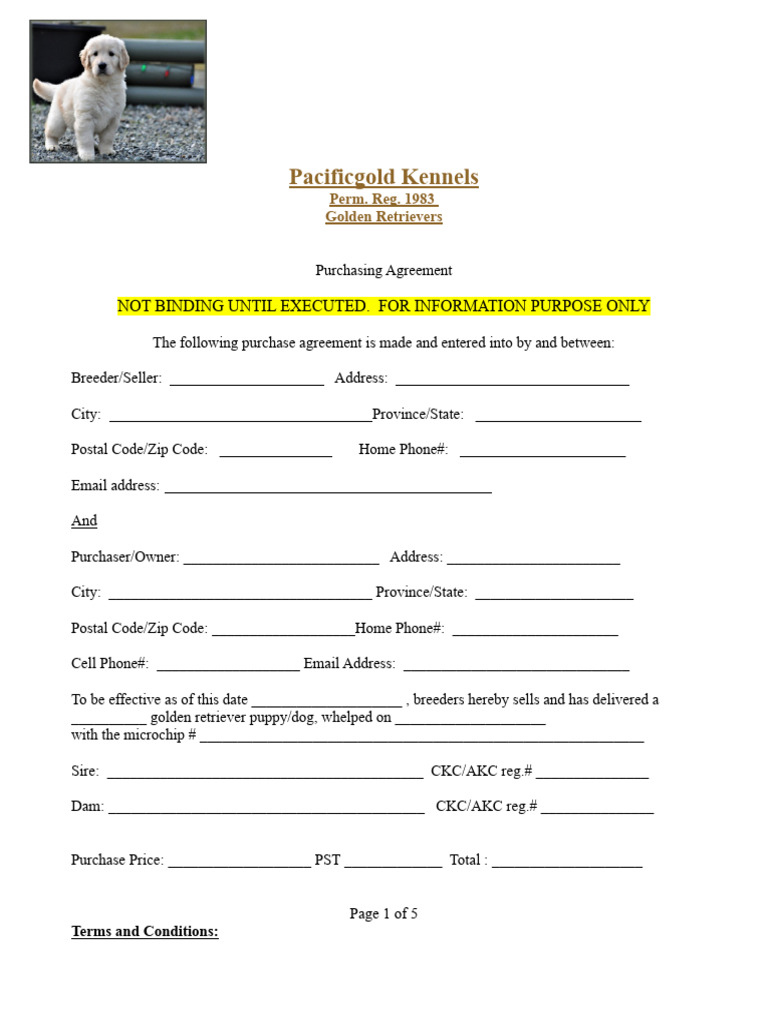 Golden Retriever Contract Non Binding PDF Neutering American