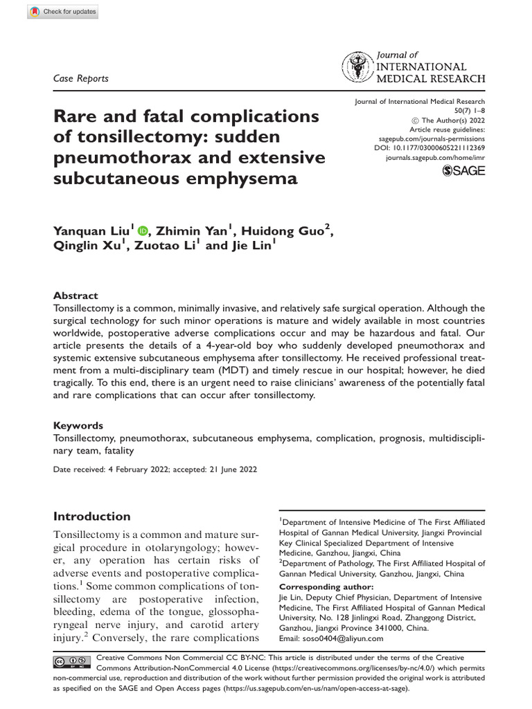 Rare and fatal complications of tonsillectomy sudden pneumothorax and