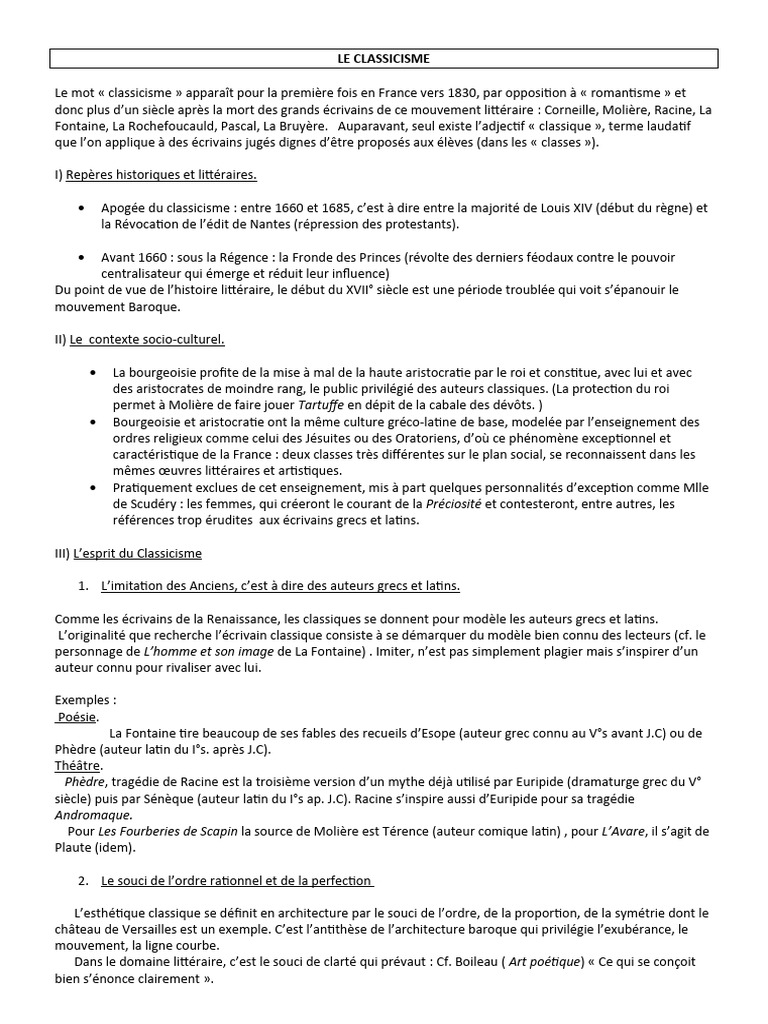 Fiche Sur Le Classicisme 2nde Pdf Fiche Synthese Le Classicisme | PDF | Classicisme