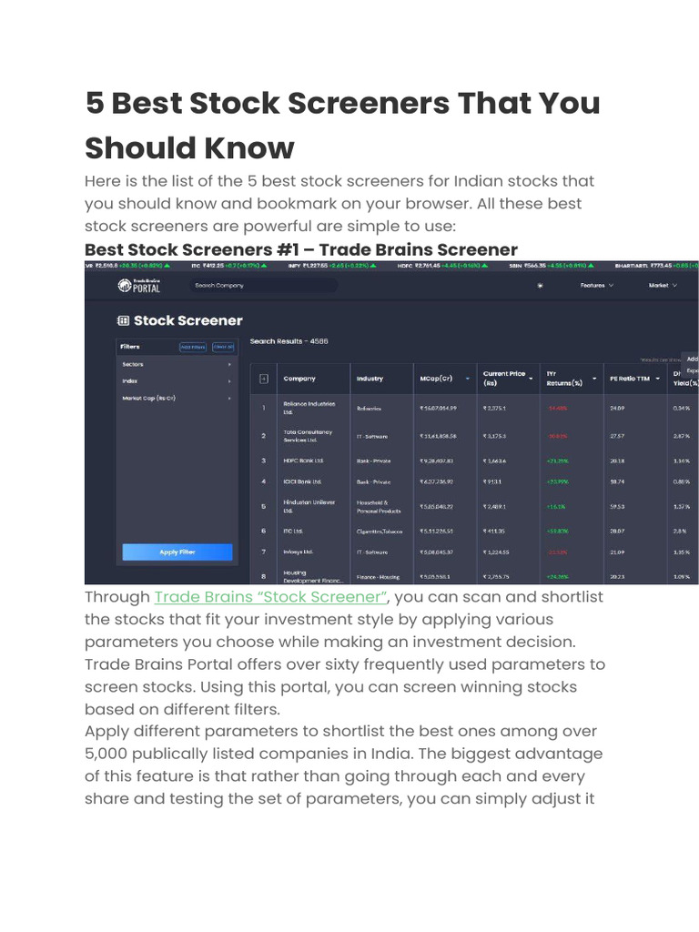 Best Screeners | PDF | Stock Valuation | Stocks