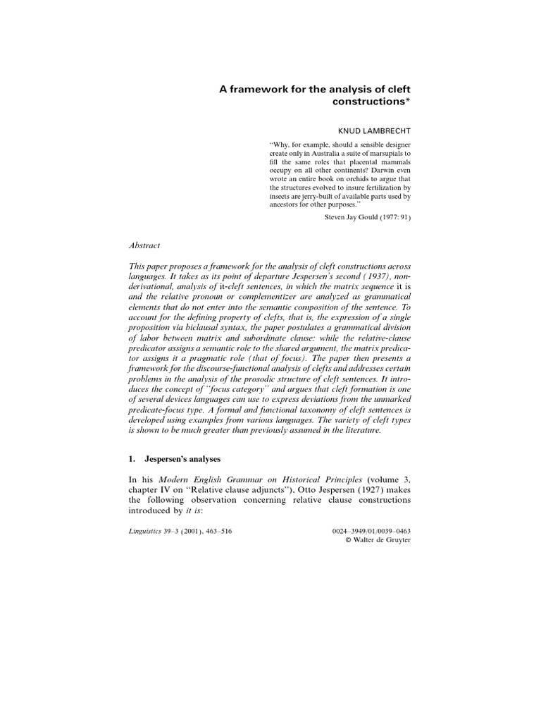 Framework for Analyzing Cleft Constructions | PDF | Clause | Subject ...