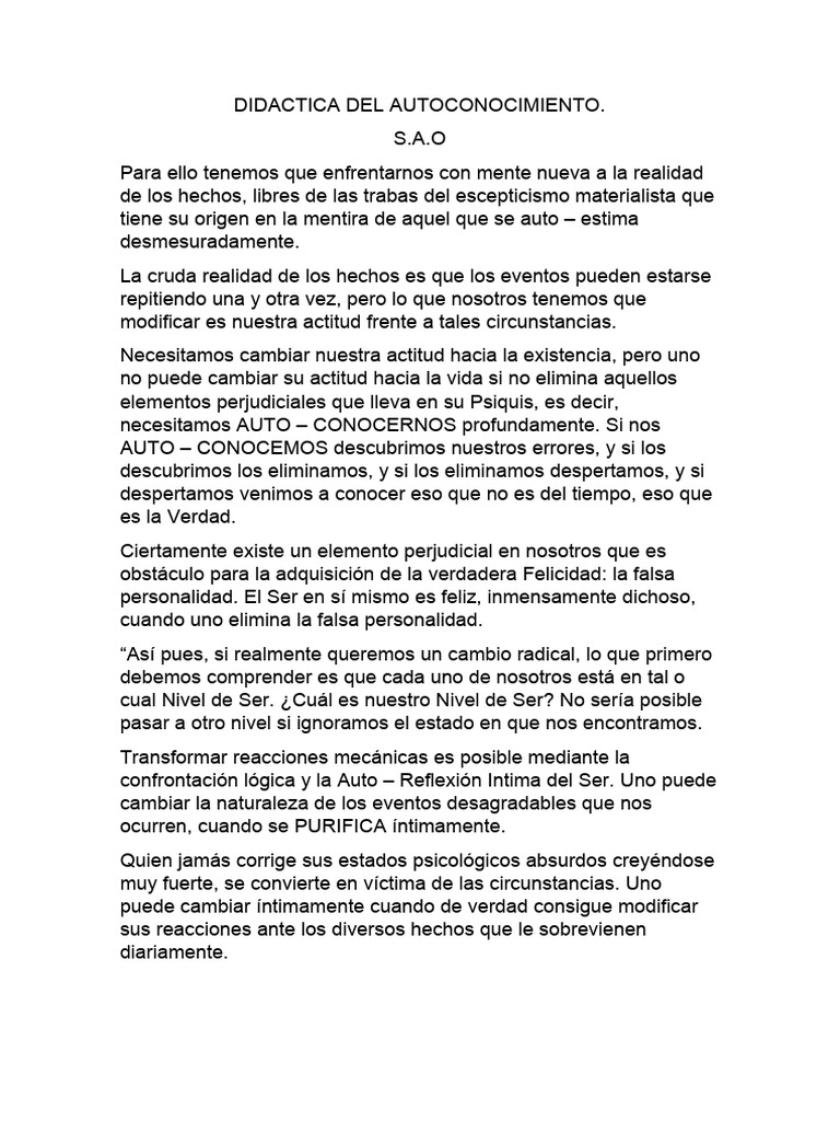 Didactica Del Autoconocimiento Pdf Verdad Amor