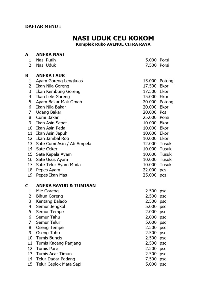 Daftar Menu Nasi Uduk Ceu Kokom | PDF