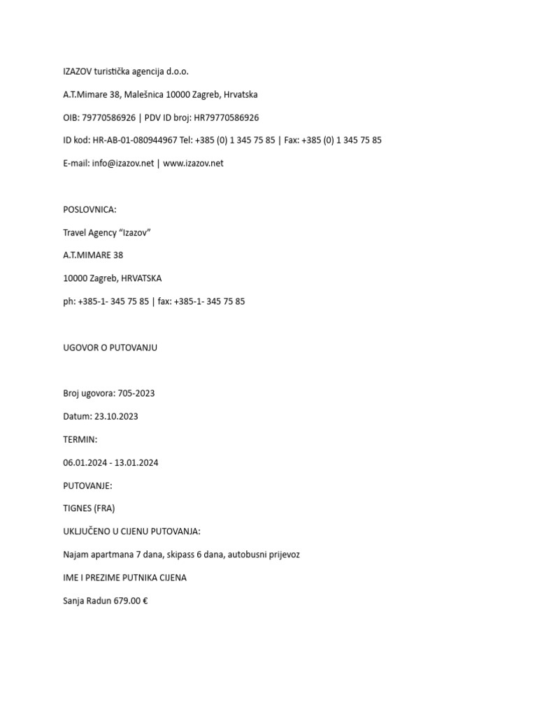 Ugovor Putovanje U Tignes PDF