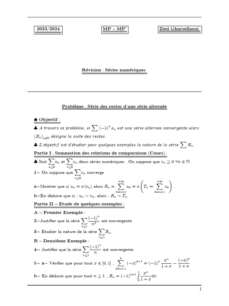Problèmes de séries numériques MPSI | PDF | Mathématiques | Analyse ...