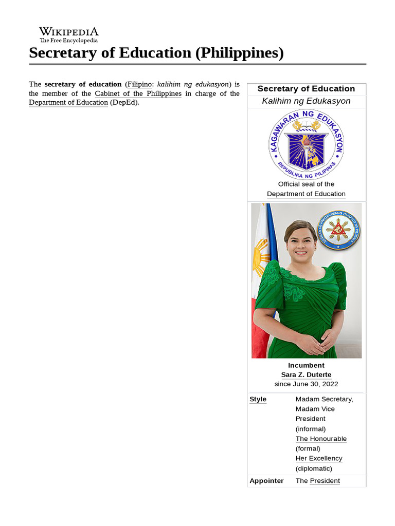 Secretary of Education (Philippines) PDF President Of The Philippines World Politics