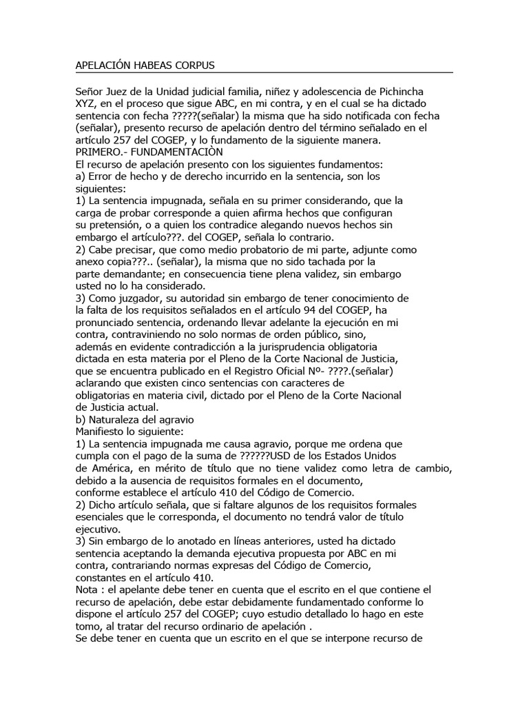 Modelo de Demanda de Apelación de Habeas Corpus | Descargar gratis PDF ...