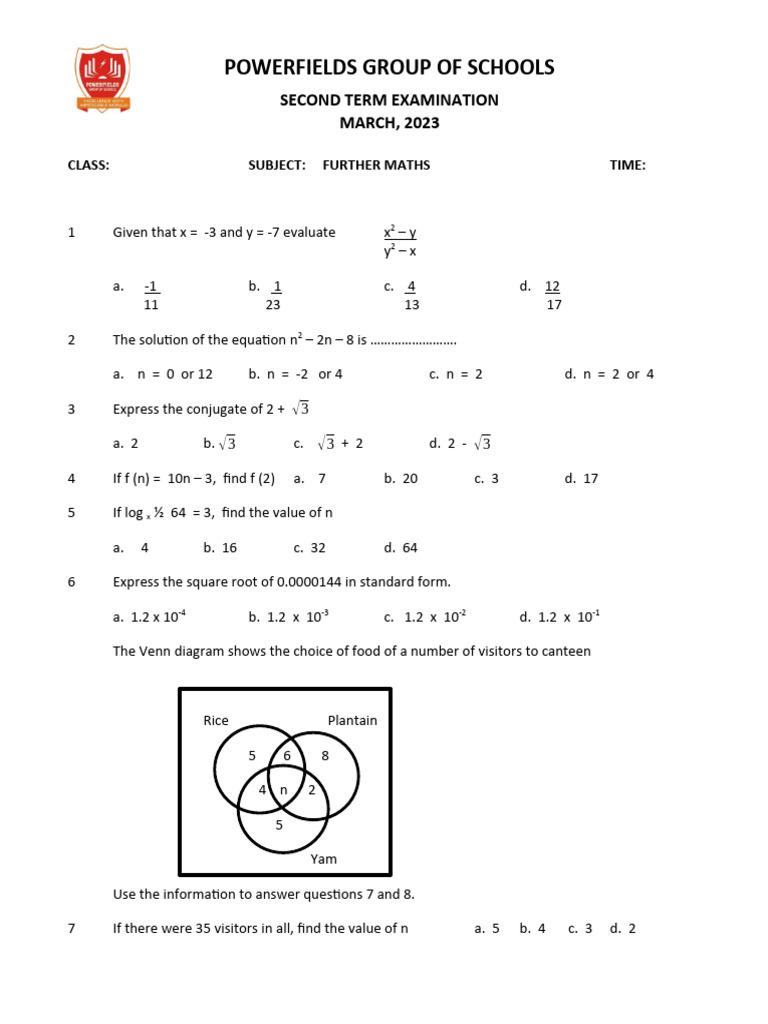 SS2 Further Mathematics Exam 2023 | PDF | Numbers | Abstract Algebra