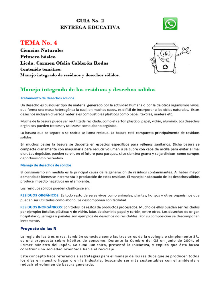 Guia 2 Manejo de Desechos y Residuos Sólidos Primero Básico IV | PDF ...