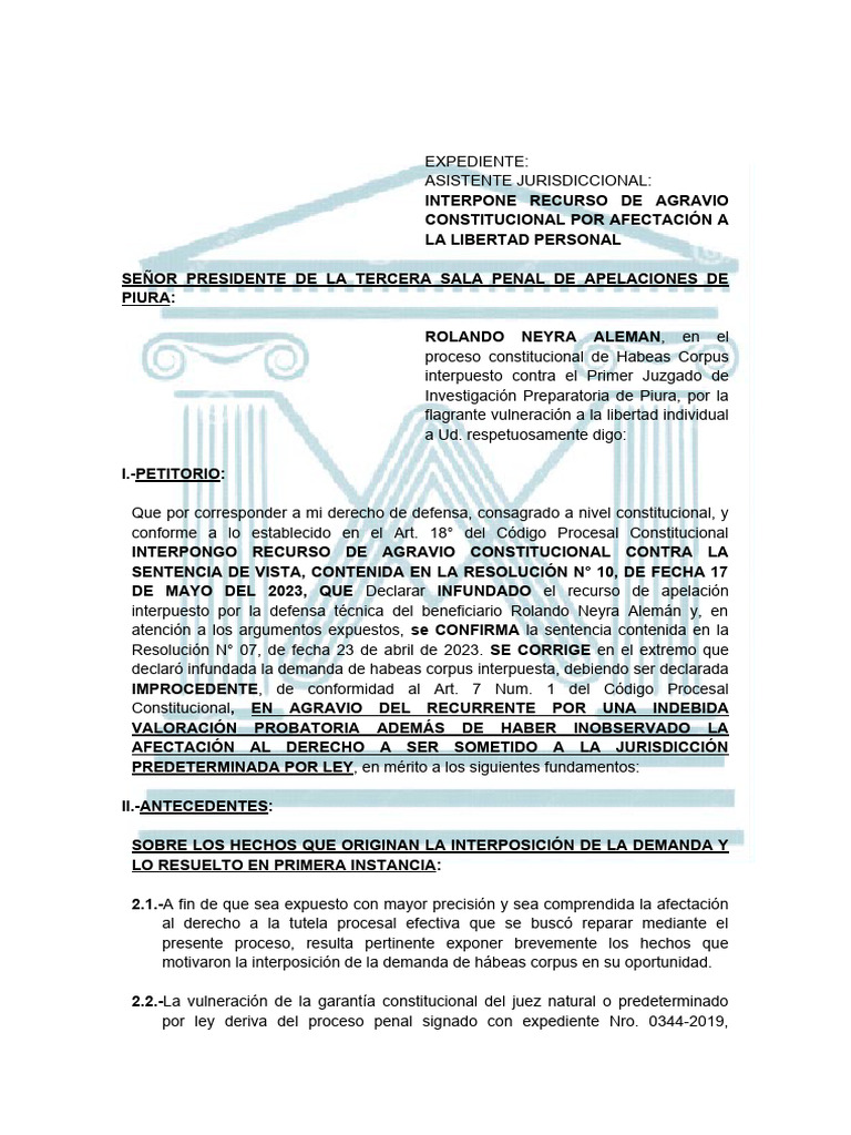 Recurso de Agravio Constitucional en Piura | PDF | Habeas corpus ...