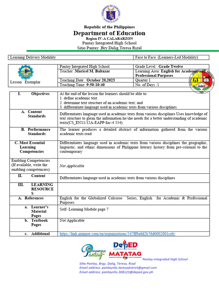 Lesson Exemplar Eapp Pdf Learning Essays