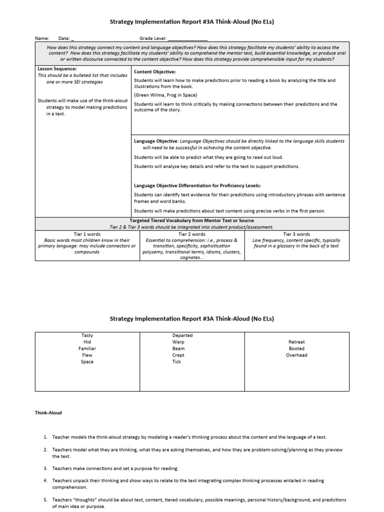 Strategy Implementation Report 3A ThinkAloud No ELs | PDF | Reading ...