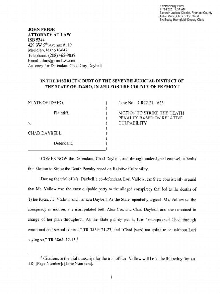 Motion To Strike The Death Penalty Based Upon Relative Culpability