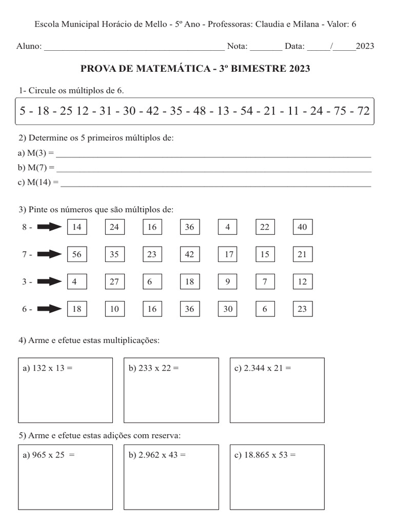 prova matemática 5 ano | PDF
