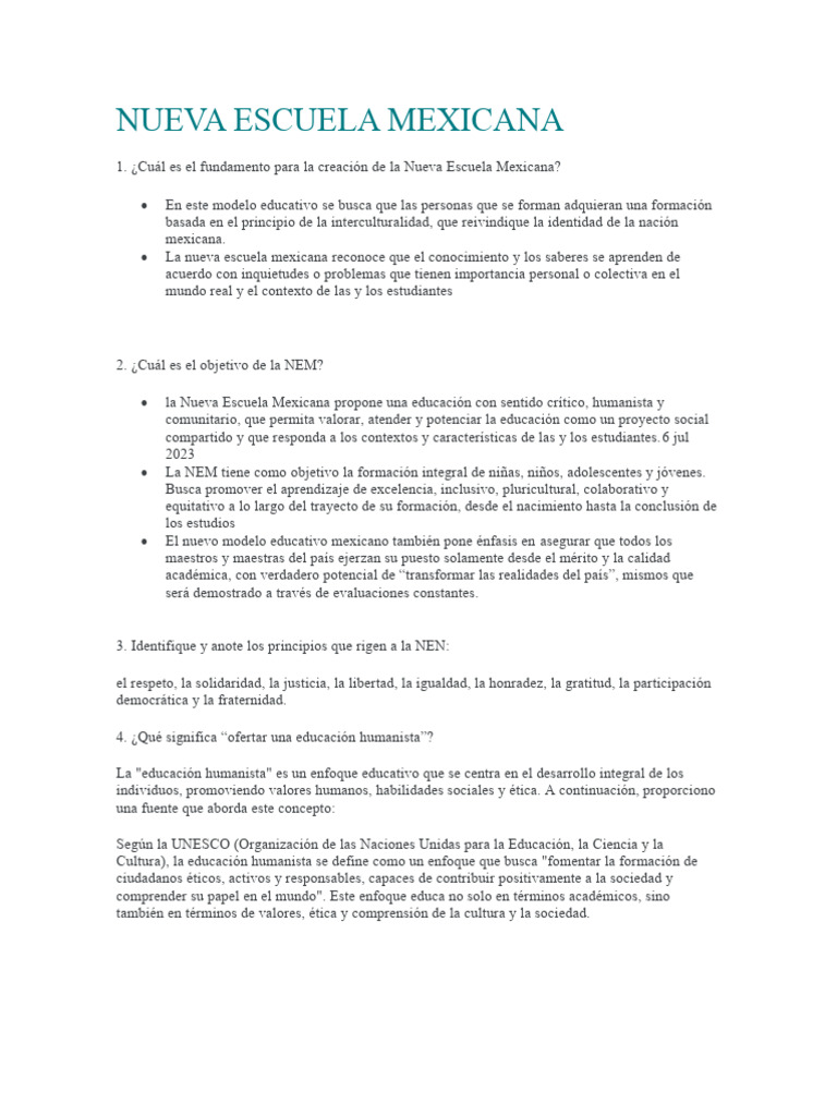 Fundamentos De La Nueva Escuela Mexicana Pdf México Humanismo