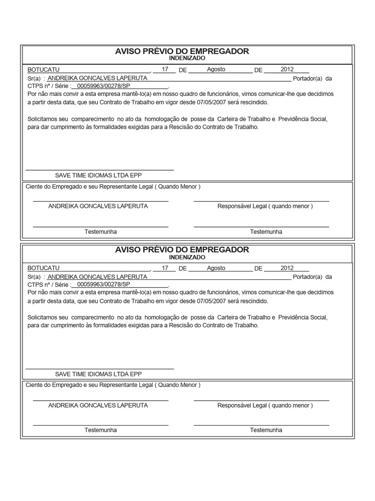 Modelo Aviso Indenizado | PDF | Estado de bem-estar social | Relações ...