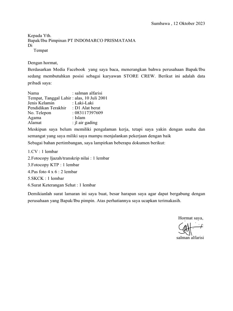 Surat Lamaran Kerja Indomaret Pdf