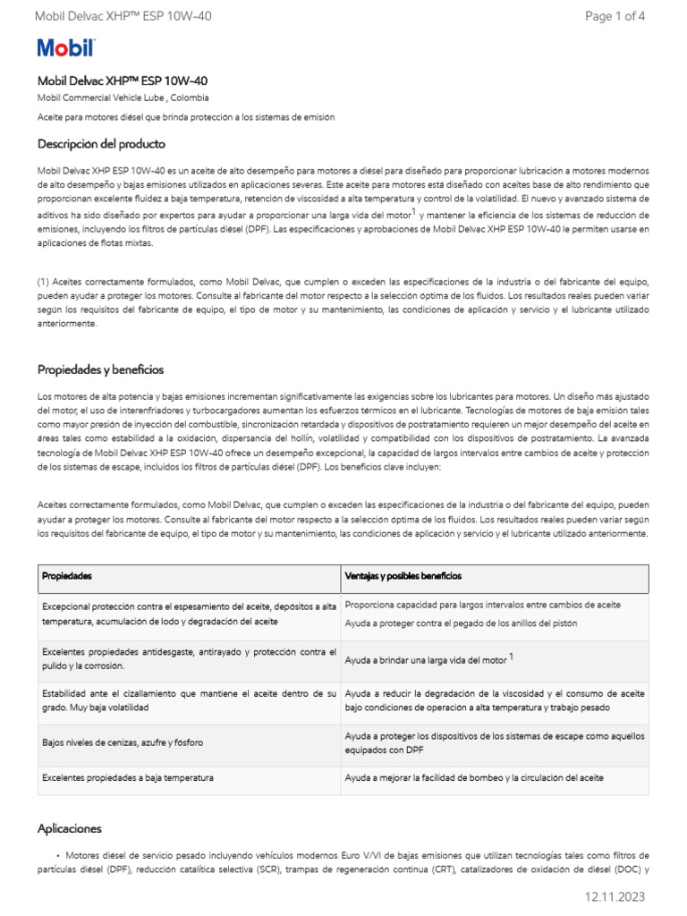 02 - Mobil-Delvac-XHP-ESP-10W40 | PDF | Lubricante | Motor diesel