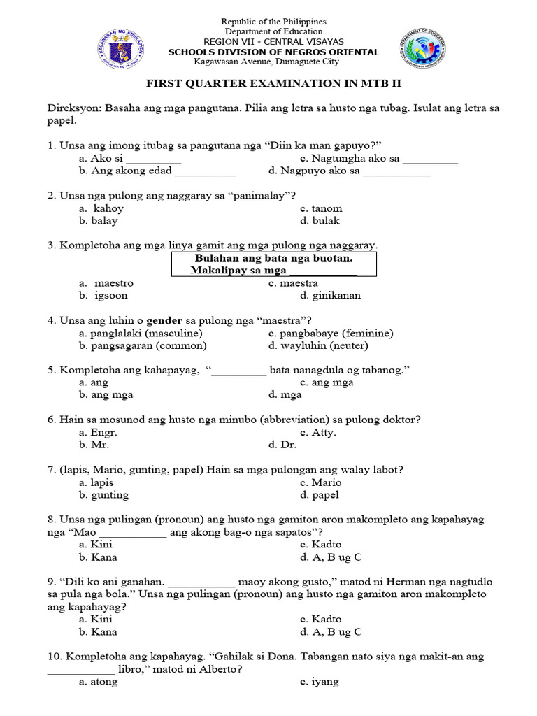 MTB 2 Assessment in 1st Quarter | PDF