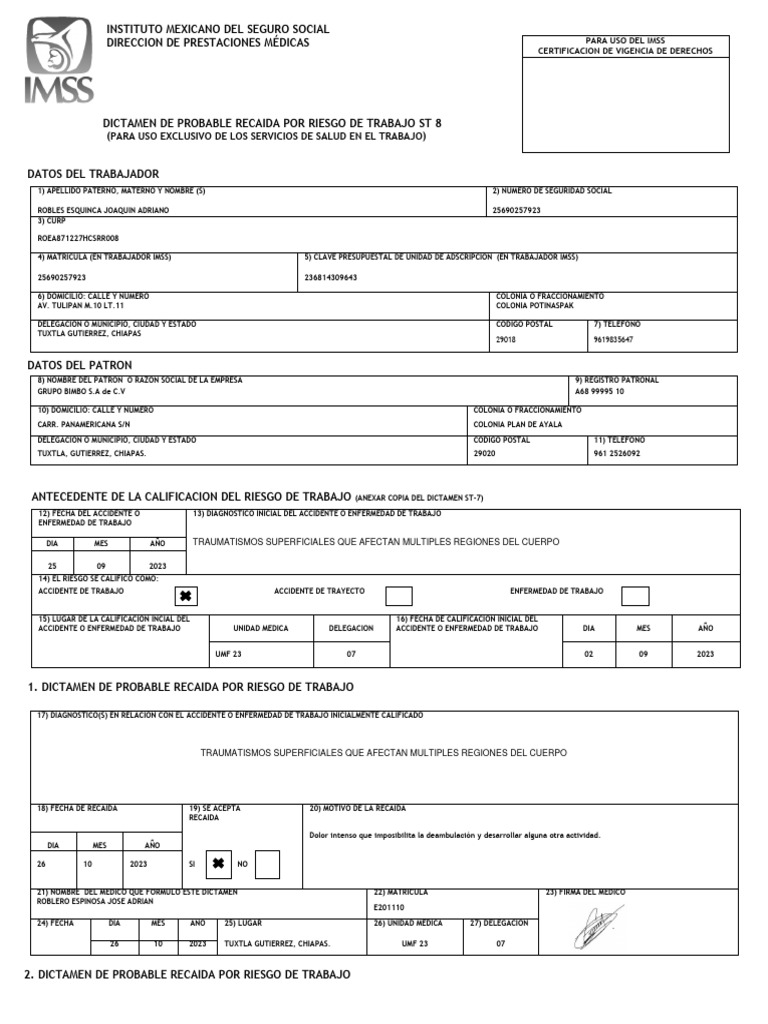 Dictamen ST-8 de Recaída por Riesgo Laboral | PDF