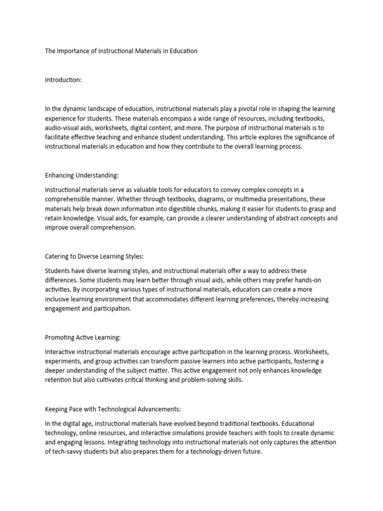 Importance of Instructional Materials | PDF | Learning | Learning Styles