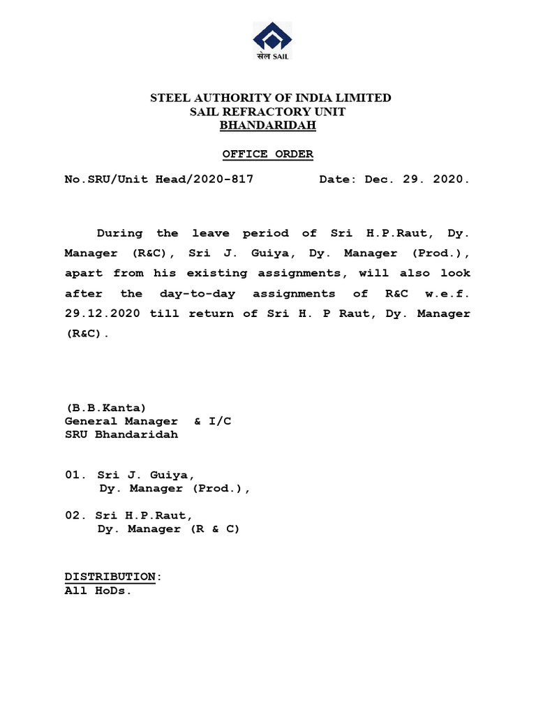 Office Order Unit Head Download Free PDF New Delhi Companies