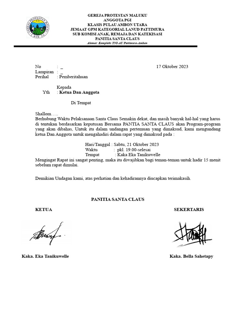 Undangan Rapat Panitia Santa Claus | PDF
