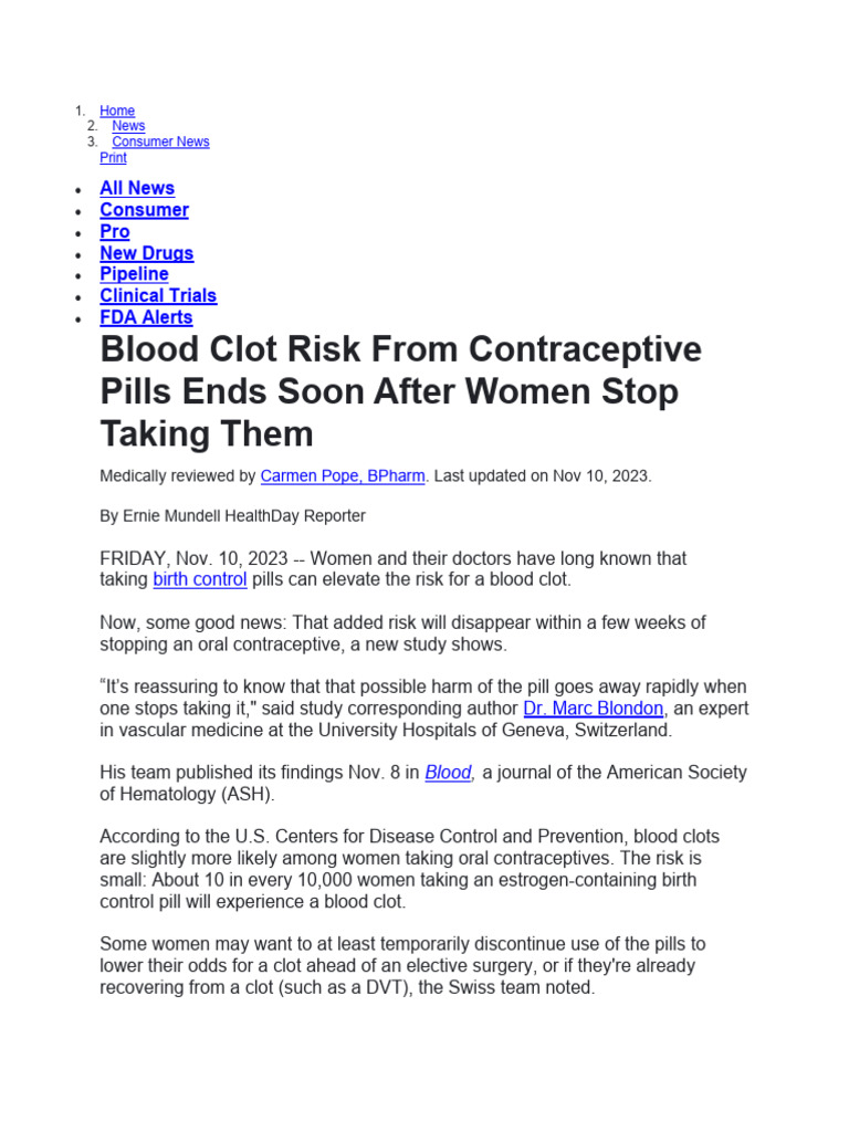 Blood Clot Risk From Contraceptive Pills Ends Soon After Women Stop