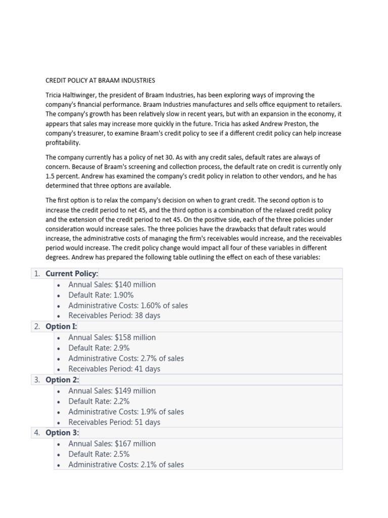 Braam Industries Credit Policy Analysis | PDF | Sales | Credit