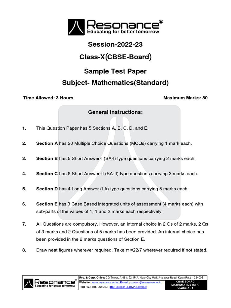 CBSE Class 10 Mathematics Sample Test Paper | PDF | Circle | Quadratic ...