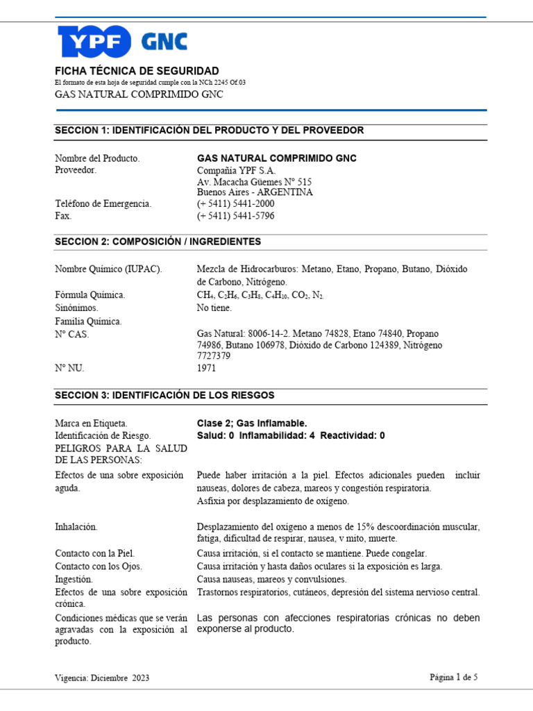 Ficha Técnica de Gas Natural Comprimido | PDF | Gas natural | Metano