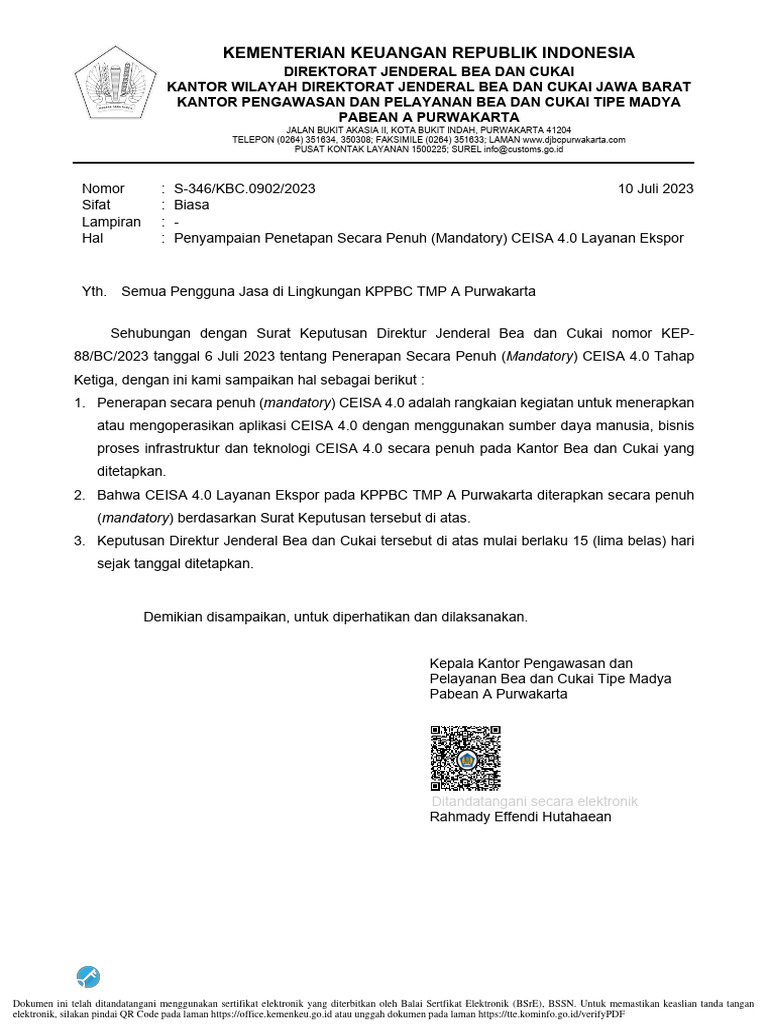 Penyampaian penetapan secara penuh mandatory ceisa 4 0 layanan ekspor