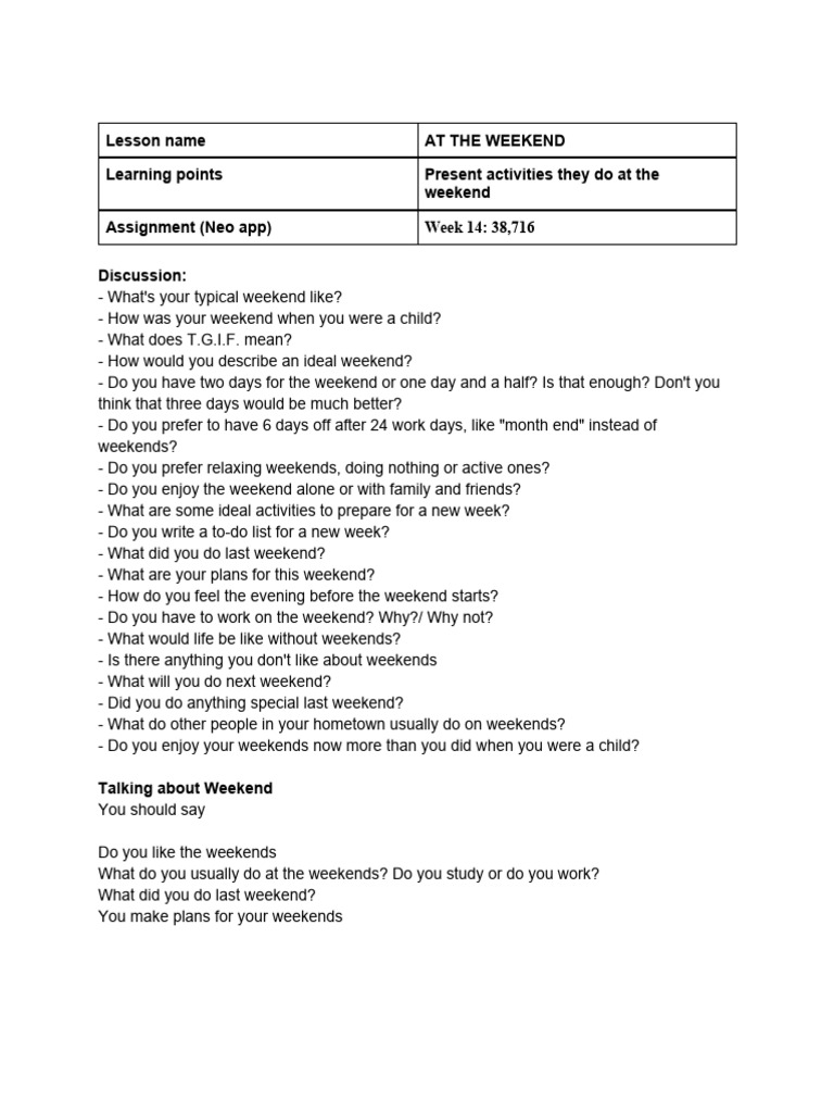 Weekend Activities Discussion Guide | PDF | Leisure