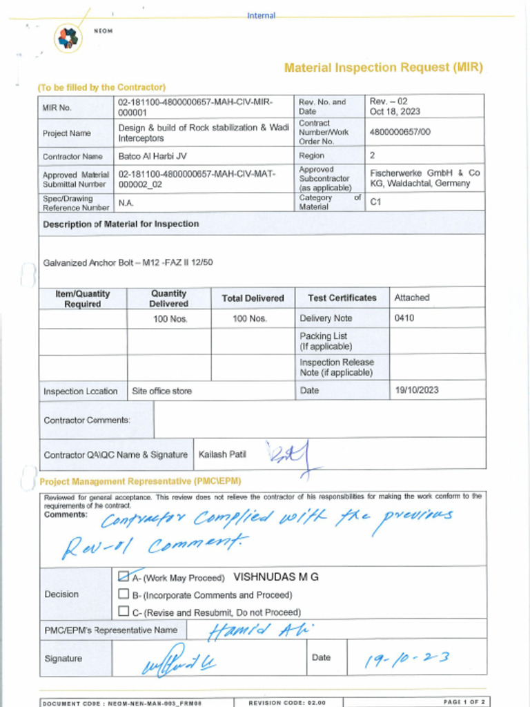 NEOM Material Inspection Request Review | PDF