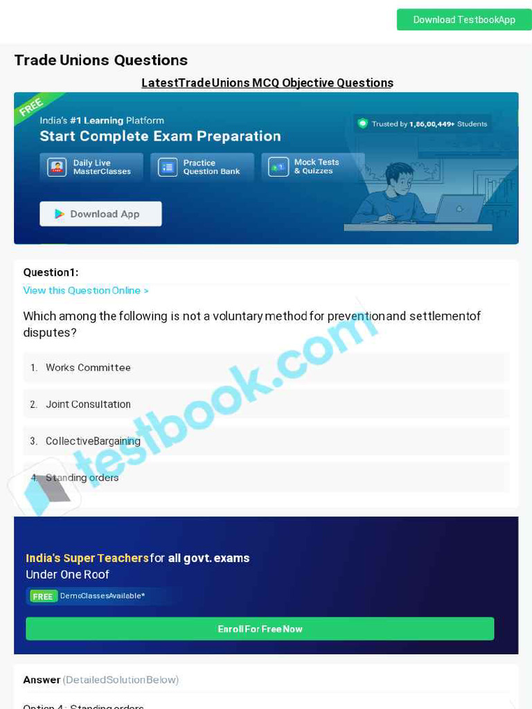 MCQ On Trade Unions 5eea6a0a39140f30f369db3d | PDF